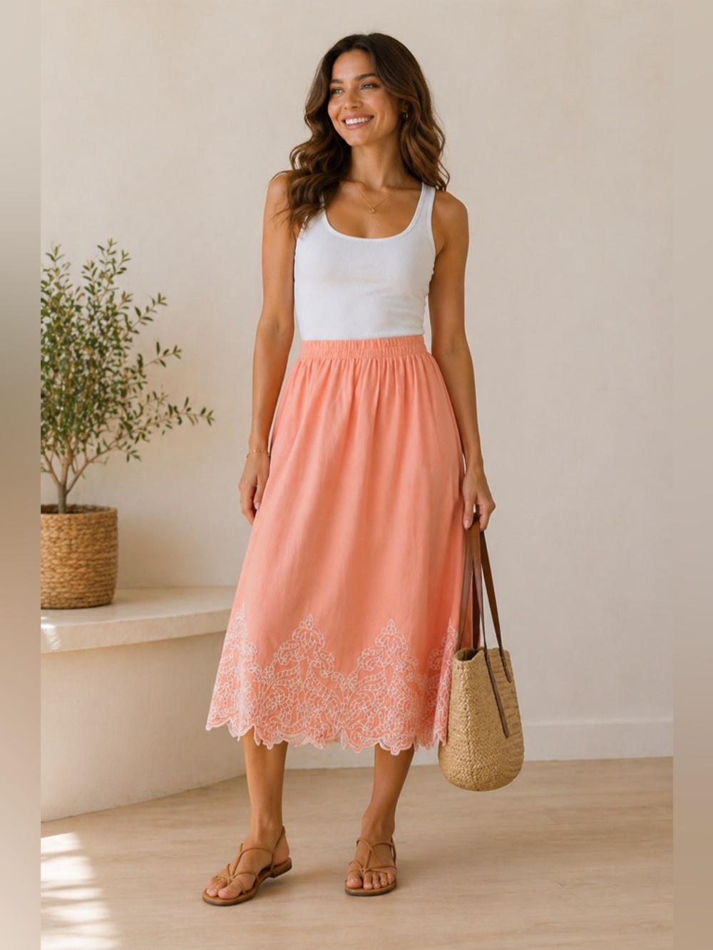 NEW! Ming Wang Embroidered Midi Pull On Elastic Waist Full Skirt Size XS NWT